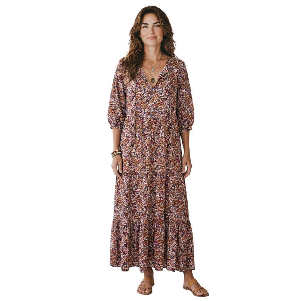 Natural Life Boho Wildflower  Womens size Medium Flowy Tiered Cottage Maxi Dress